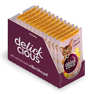 Додатковий консервований корм для дорослих котів DELICKCIOUS™ "Пластівці з кроликом та тропічними фруктами у вершковому соусі", 80 г
